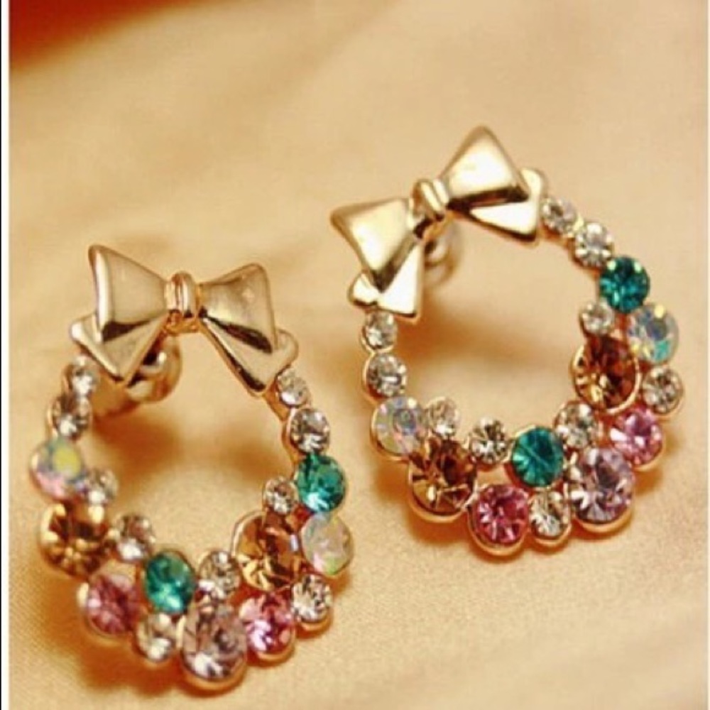 Multi Color Crystal Rhinestone Bowknot Earrings - Picture 1 of 4